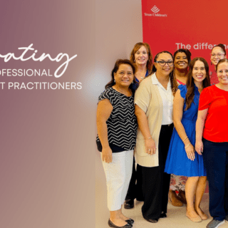 A group of Texas Children's NPD Practitioners are pictured with text that reads Celebrating Nursing Professional Development Practitioners.