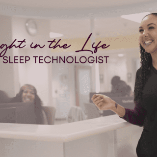 Lydia Henry smiles at work in Texas Children's Hospital West Sleep Center. Text reads, "A night in the life of a sleep technologist."