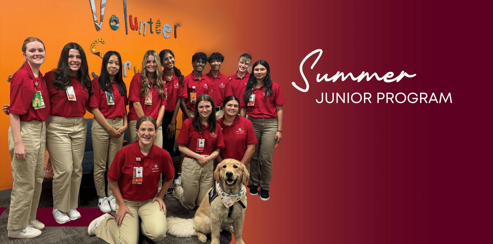 A group of Summer Junior Program students pose with a facility dog at Texas Children's The Woodlands.