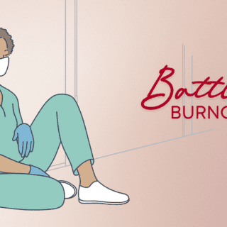 Illustration of a healthcare worker sitting slouched against the wall. Text reads, "Battling Burnout."