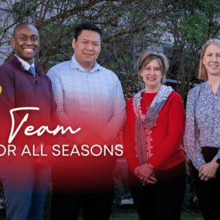 Five members of the Texas Children's Philanthropy team standing outside. Text reads A Team for All Seasons.