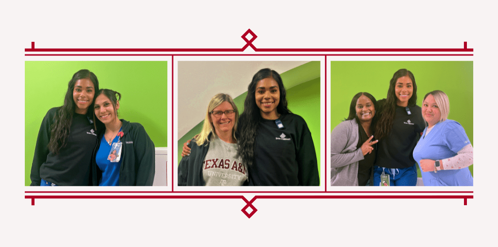 New nurse Blair McGhee in three photos with members of her team at Texas Children's Hospital in The Woodlands.