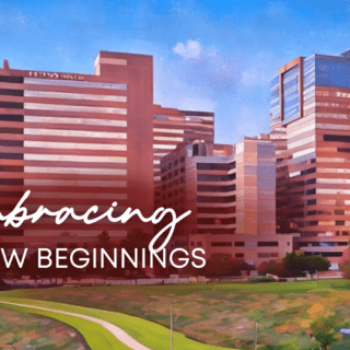 An illustration of Texas Children's Hospital in Houston. Text reads, "Embracing new beginnings."