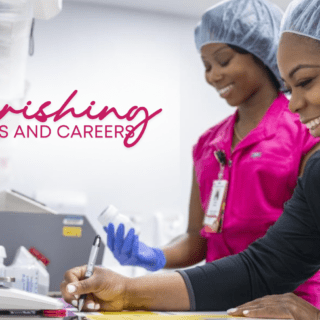 Two smiling Milk Bank technicians at Texas Children's Hospital North Austin. Text reads "Nourishing Babies and Careers."